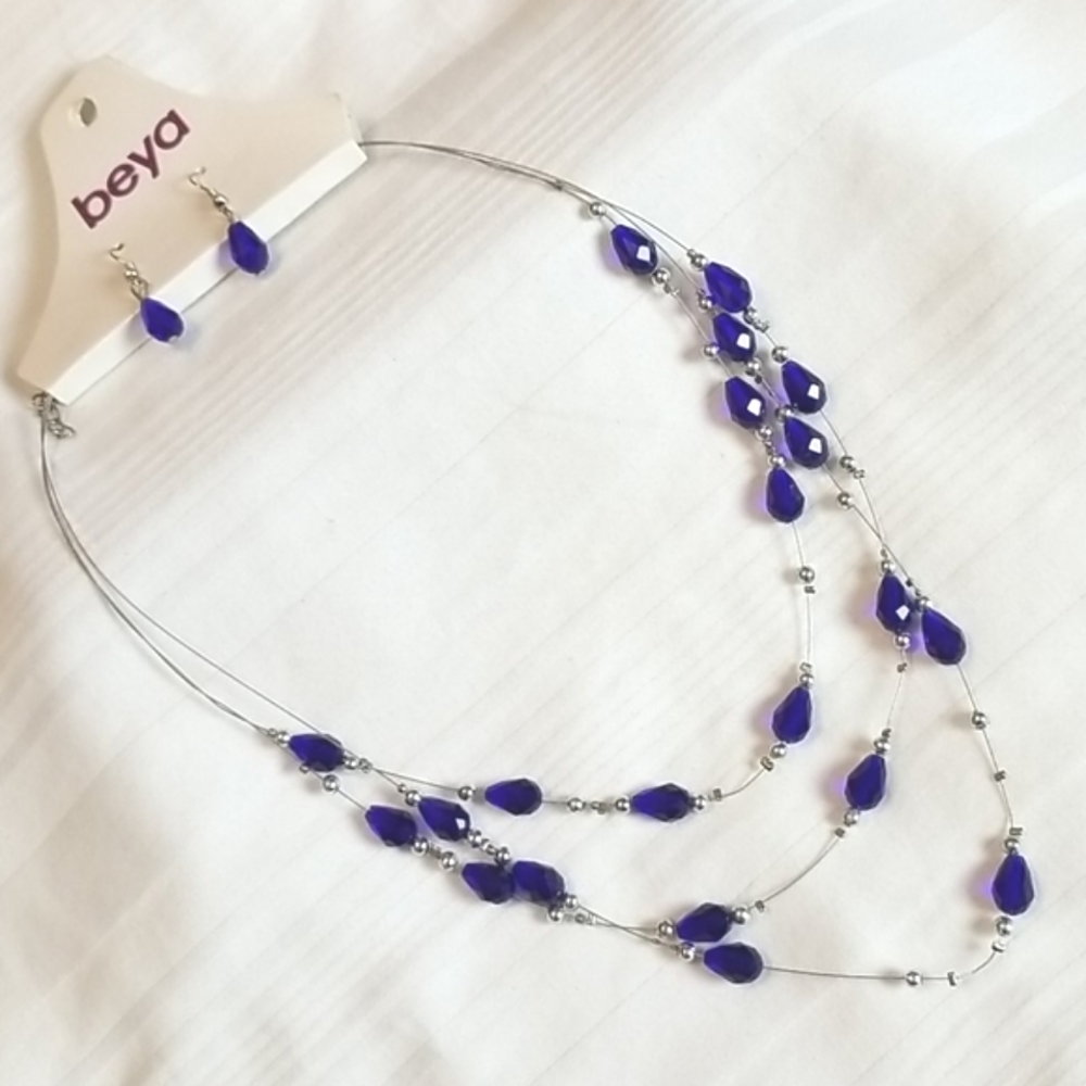 New Silver Blue Bead Multi Strand Necklace Earrings Set